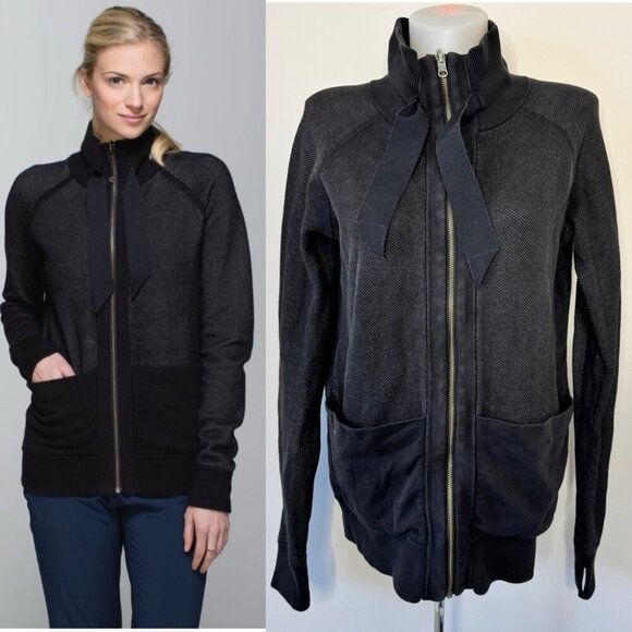 Lululemon Post Savasana Jacket Black Heathered Medium Gray Reversible Coat Sz 6 - Picture 1 of 13